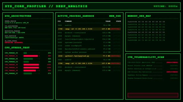 System Core Profiler Vulnerability Scan Hacker Terminal Animation Linux Security Loop Background.