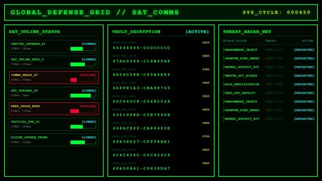 Global Defense Grid Satellite Threat Radar Hacking Terminal Animation Cyber Attack Loop Background.