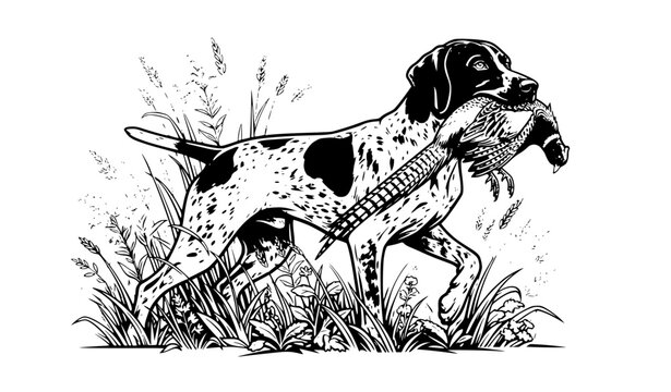 German Shorthaired Pointer Retrieving Pheasant &ndash; Hunting Dog Wildlife Vector