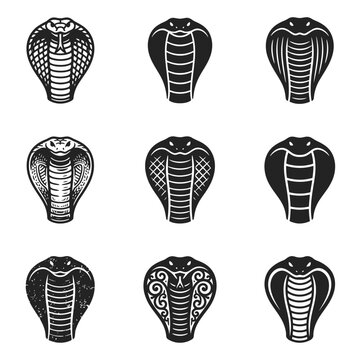 Stylized black cobra snake head logo icon set.