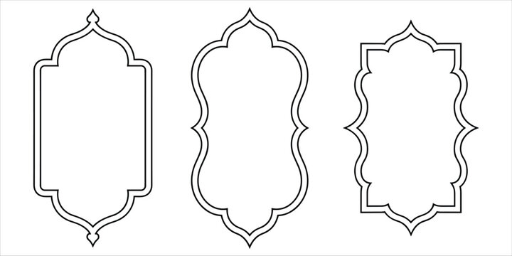 Trio of stylized islamic frames with elaborate outer edges and simple inner rectangles, white background