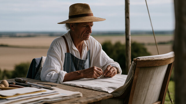 An upholsterer working over the shoulder view across quiet rural farmland, hand stitching fabric onto a weathered chair at an outdoor polling station volunteer setup, tools and