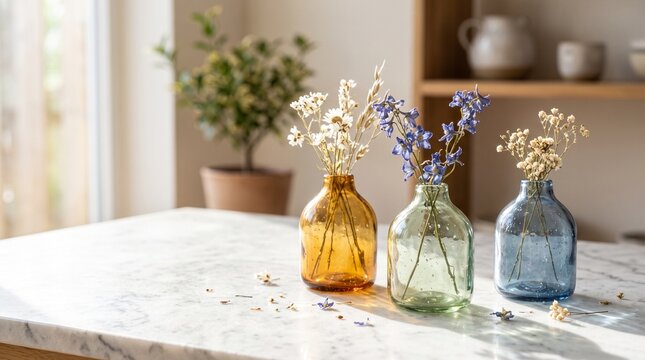 Three glass bud vases with dried flowers. Decorative floral arrangement on marble table.