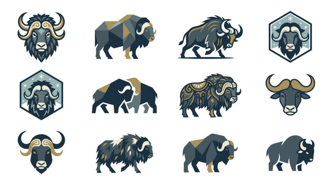 Stylized buffalo and American bison animal icon set.