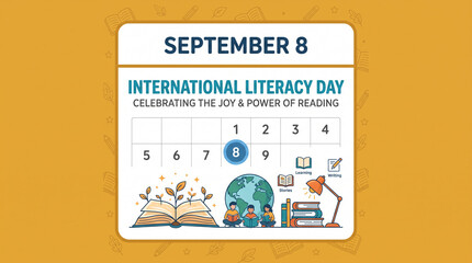 Fototapeta premium Calendar page for September 8 International Literacy Day with educational icons