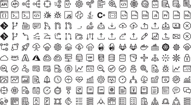 Comprehensive technology and programming icon set for web and app development. Flat line vector illustrations of software, cloud computing, and dig...