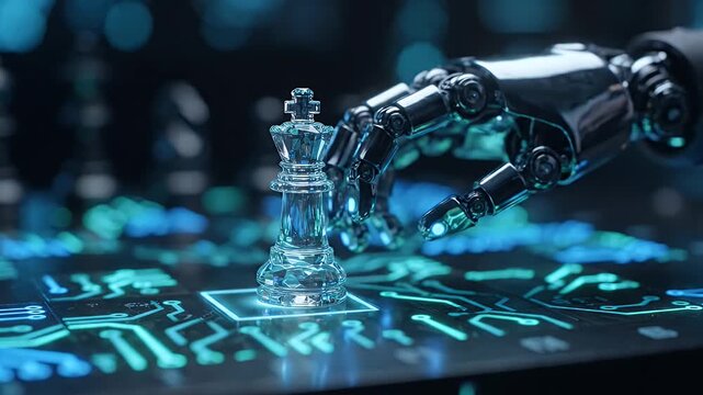 Robot Hand Moves Crystal Chess Piece on Futuristic Circuit Board - A metallic robot hand delicately grips a transparent crystal chess piece, positioning it over a glowing, futuristic circuit board.