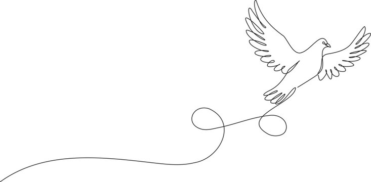 minimal continuous line art drawing of a flying dove, symbolizing peace, freedom, hope, line art vector illustration