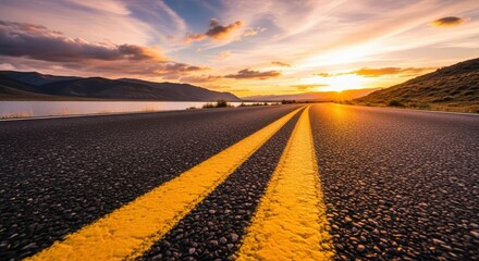 Obraz premium Empty Highway Stretching into the Horizon at Golden Hour Sunset with Mountain and Lake View
