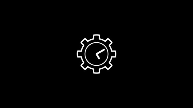 White gear icon with a clock inside on a solid black background