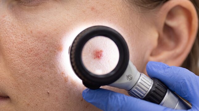 Close-up of a dermatologist using a dermatoscope to examine a red skin lesion on a ad social media download thambnail poster web template event festival 2026 2027 2028