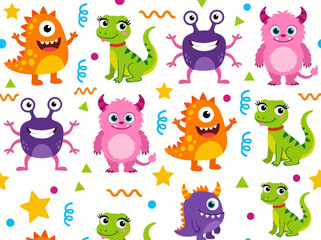 Naklejka premium Cute Monster Seamless Pattern with Colorful Cartoon Aliens and Mythical Creatures for Kids Textiles and Wallpaper