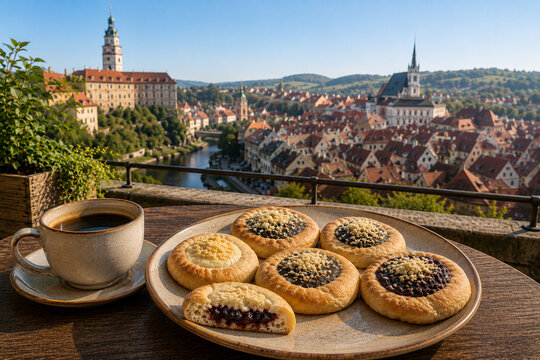 Traditional Czech Kol&aacute;če Pastries and Black Coffee on a Rooftop Caf&eacute; Terrace Overlooking a Historic European Town