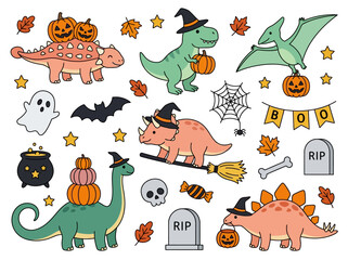 Cute Halloween Dinosaur Vector Clipart Set with T-Rex and Pumpkins © Aji