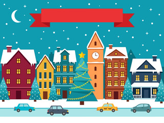 Naklejka premium Festive Christmas Town Flat Illustration with Red Ribbon Banner