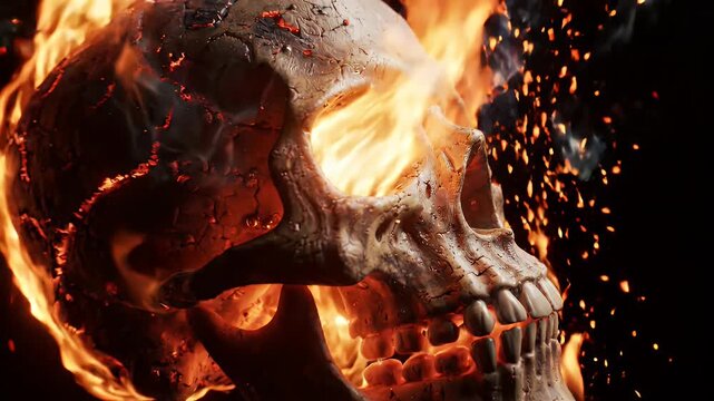 Flaming Skull Rotating with Ember Particles - A detailed close-up of a human skull engulfed in flames, with bright embers and particles swirling around.