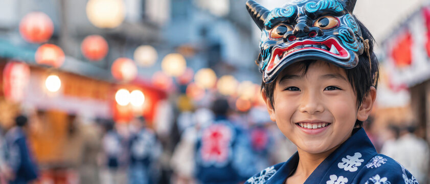 Young boy in traditional happi wearing an oni mask at a summer lantern parade, illuminated paper floats, lanterns, taiko drums, fue flutes, haneto dancers in evening street procession route