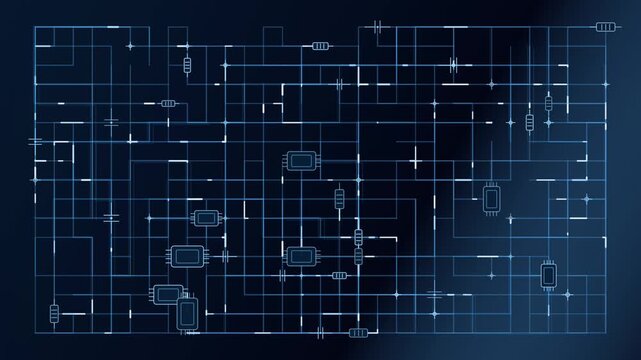 Circuit board pulsing signal flow on dark grid layout animated glow, flowing, top down, glowing lines
