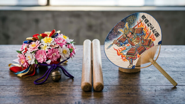 Japanese festival props on wooden table, floral headpiece with bell, painted warrior fan, drumsticks, summer matsuri preparation, lantern parade culture, traditional craft details, mood