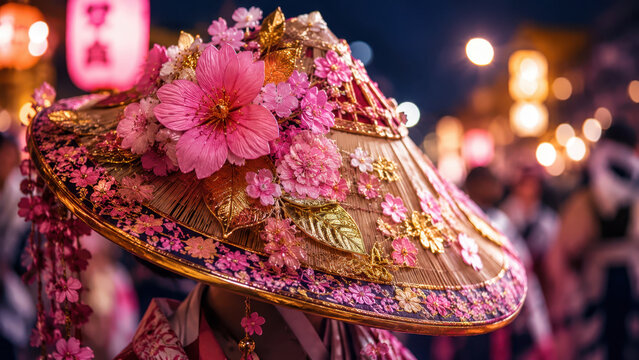 Aomori nebuta matsuri close-up of floral hanagasa hat, pink cherry blossoms, gold leaf ornament, lantern lit night parade, haneto dancer attire, festive procession, japanese summer culture