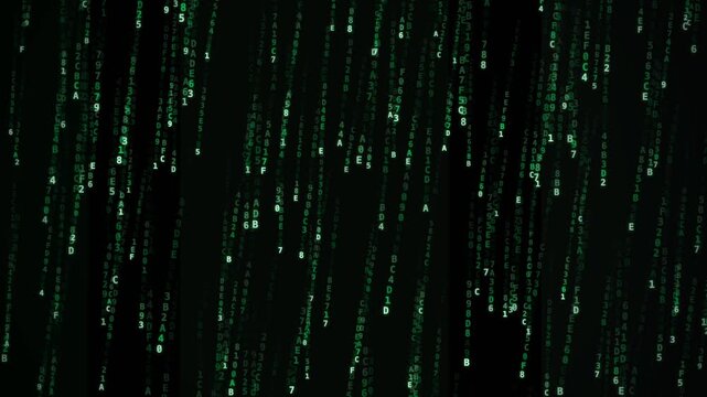 Digital code cascading on black background with vertical falling effect, frontal view, green, vertical lines