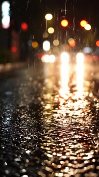 Rain splashing wet asphalt reflects colorful blurred city lights night creating vibrant moody urban atmosphere with light reflections and splashing