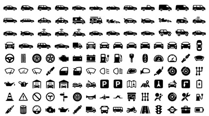 Obraz premium Black Car Icons Set with Modern Vehicle Transportation and Automotive Symbols Vector Collection