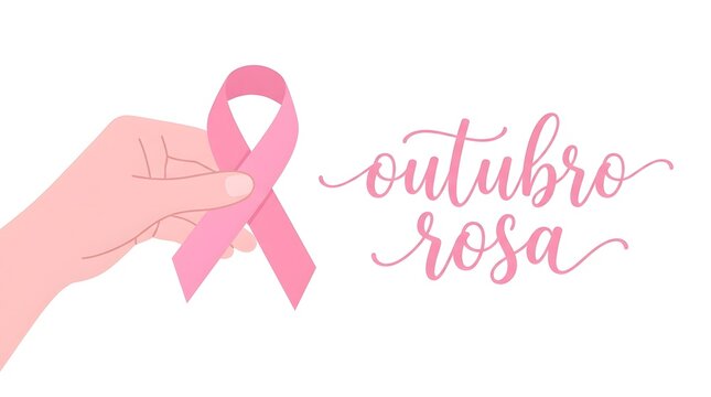 A hand holding a pink ribbon symbol for breast cancer awareness month with the portuguese text outubro rosa written in a beautiful elegant script font style