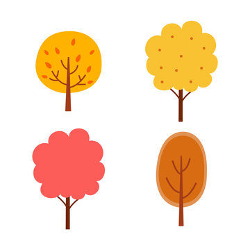 Autumn trees design elements set isolated on white background, Vector Illustration.