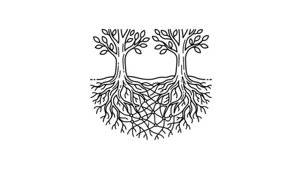 Sleek Minimalist Black and White Line Art of a Tree with Extensive Root System and Hollow Trunk © nur