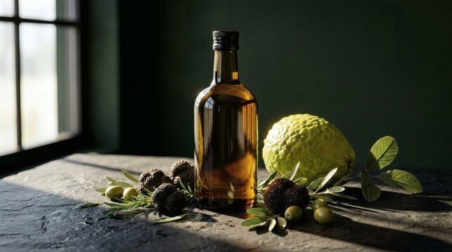 Bottle of extra virgin olive oil displayed on weathered dark slate table alongside fresh black truffles and bright green bergamot citrus fruit with small olives and rosemary sprigs near window light.