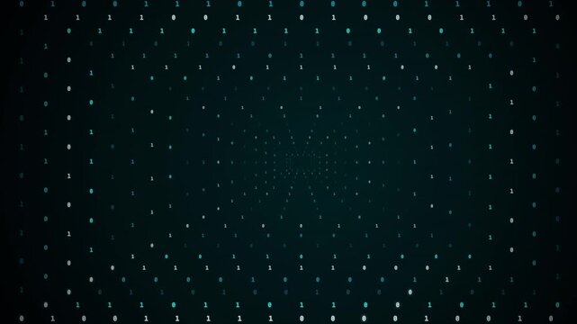 Binary digits forming tunnel in dark digital space with perspective motion, converging inward, centered perspective, teal glow