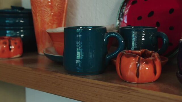 Handmade ceramic tableware. Different handicraft clay earthenware bowls in artisan craftsman classes workshop