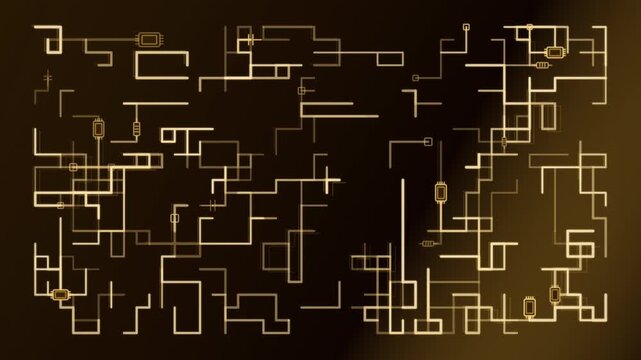 Abstract golden circuit lines scrolling across dark background horizontal scroll, horizontal motion, frontal view, no people