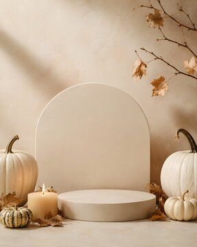 Minimalist autumnal product display featuring a luxury black podium scene with pumpkins and seasonal decor elements