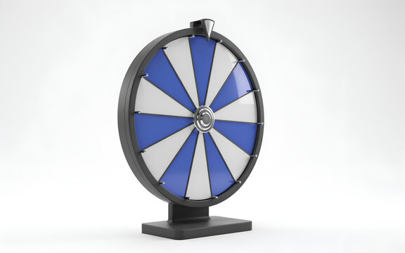 Prize wheel in studio lighting with blue and white segments for chance or win concept