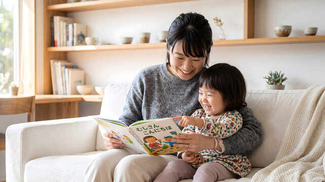 明るいリビングのソファで子供を膝に抱き膝の上で絵本の読み聞かせをする母親