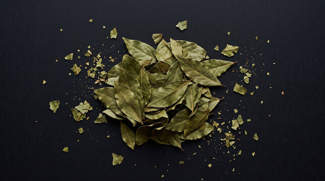 Dried bay leaves scattered on a textured dark background.