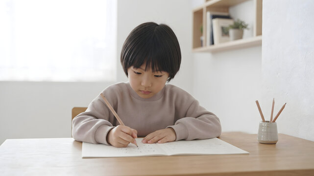 明るい部屋で真剣な表情でノートにひらがなを書く男の子