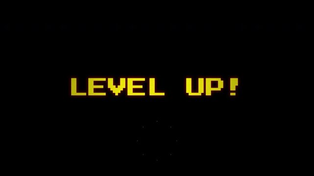 Retro 8 Bit Level Up Gaming Achievement Screen with Pixel Art Motion Graphic RGB alpha in 4k video