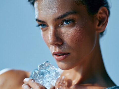 Woman with sweat and ice cubes on her face, close-up portrait