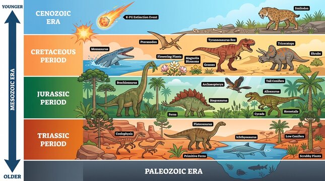 Educational Prehistoric Timeline with Dinosaurs and Geological Eras