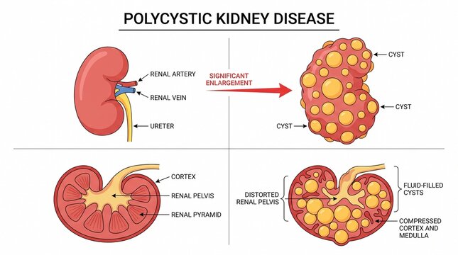 Medical Diagram Comparison of Healthy and Polycystic Kidney Disease