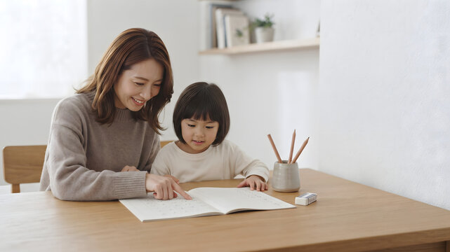 木製テーブルで母親に優しく教わりながらひらがなの勉強をする女の子