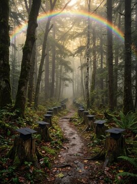 Magical forest path lined with graduation caps leads towards misty glowing light with vibrant rainbow arching overhead symbolizing achievement and new beginnings in nature.