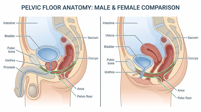 Male and Female Pelvic Floor Anatomy Comparison Illustration