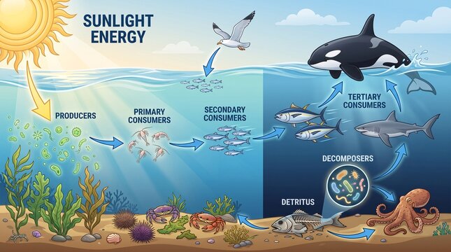 Marine Food Web Infographic Showing Ocean Ecosystem Energy Flow