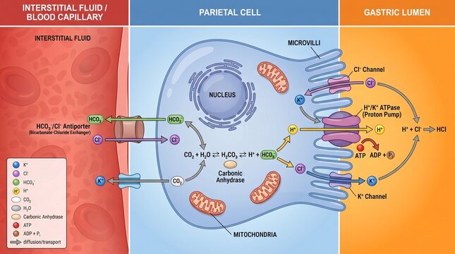 Mechanism of Hydrochloric Acid Secretion in a Parietal Cell Diagram