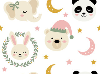 Fototapeta premium Cute Seamless Nursery Pattern with Sleepy Animals Moon and Stars for Baby Textile