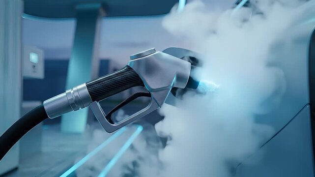 Futuristic vehicle receiving hydrogen energy from a modern nozzle at a charging station, demonstrating clean power delivery with illuminated blue vapor discharge.